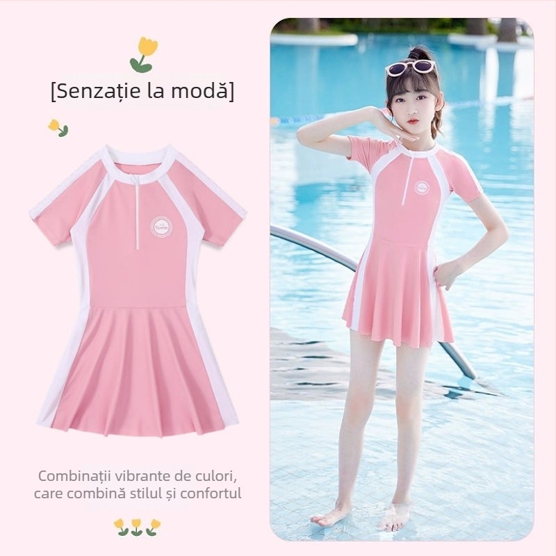 Costum de baie pentru fete, blocuri de culoare, croială în stil rochie, mâneci scurte