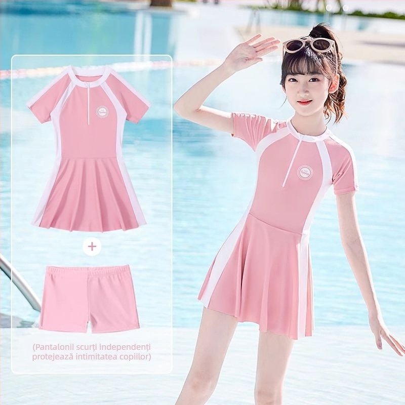 Costum de baie pentru fete, blocuri de culoare, croială în stil rochie, mâneci scurte