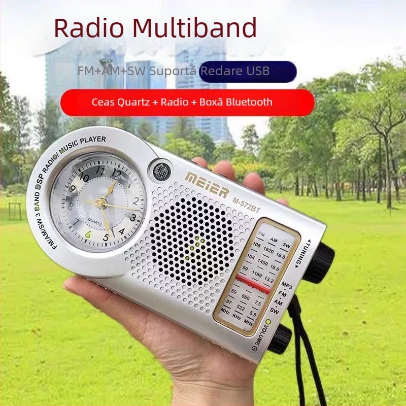 M-572BT Ceas portabil multifuncțional cu radio Bluetooth retro și difuzor încorporat, redare muzică prin card TF și USB