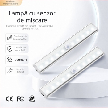 Lumină LED cu senzor de mișcare, fără cablaj, iluminare pentru dulap, senzor infraroșu, se aprinde la apropiere, pentru scări și holuri