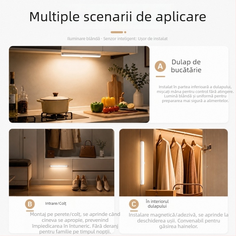 Lumină LED cu senzor de mișcare, fără cablaj, iluminare pentru dulap, senzor infraroșu, se aprinde la apropiere, pentru scări și holuri