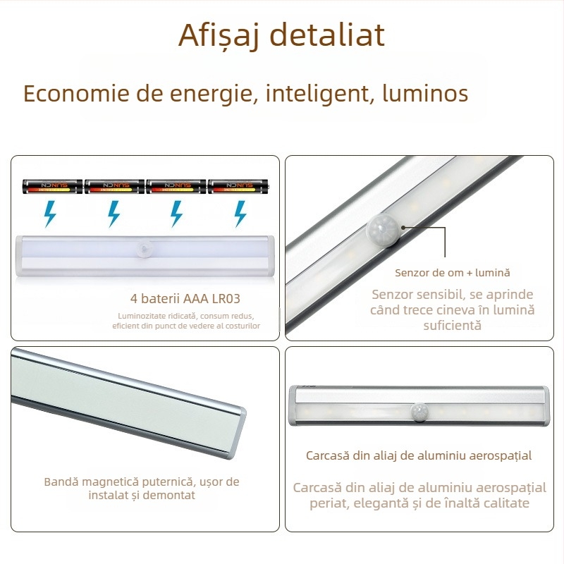 Lumină LED cu senzor de mișcare, fără cablaj, iluminare pentru dulap, senzor infraroșu, se aprinde la apropiere, pentru scări și holuri