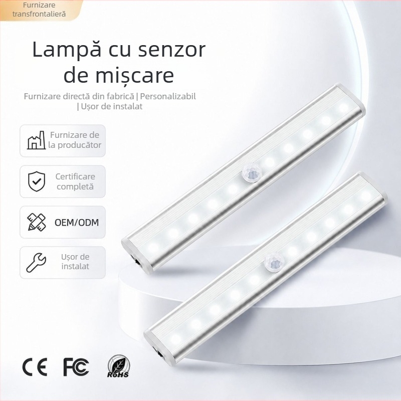 Lumină LED cu senzor de mișcare, fără cablaj, iluminare pentru dulap, senzor infraroșu, se aprinde la apropiere, pentru scări și holuri