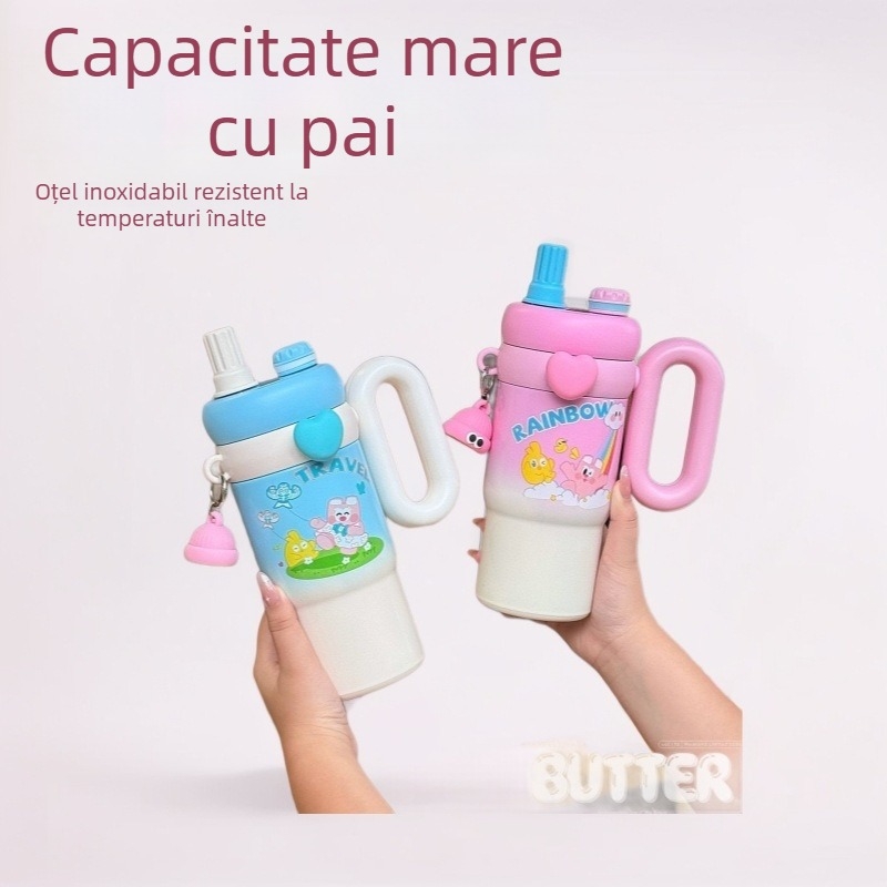 Cană termică cu design desen animat pentru fete, capacitate mare, cană cu pai și mâner portabil