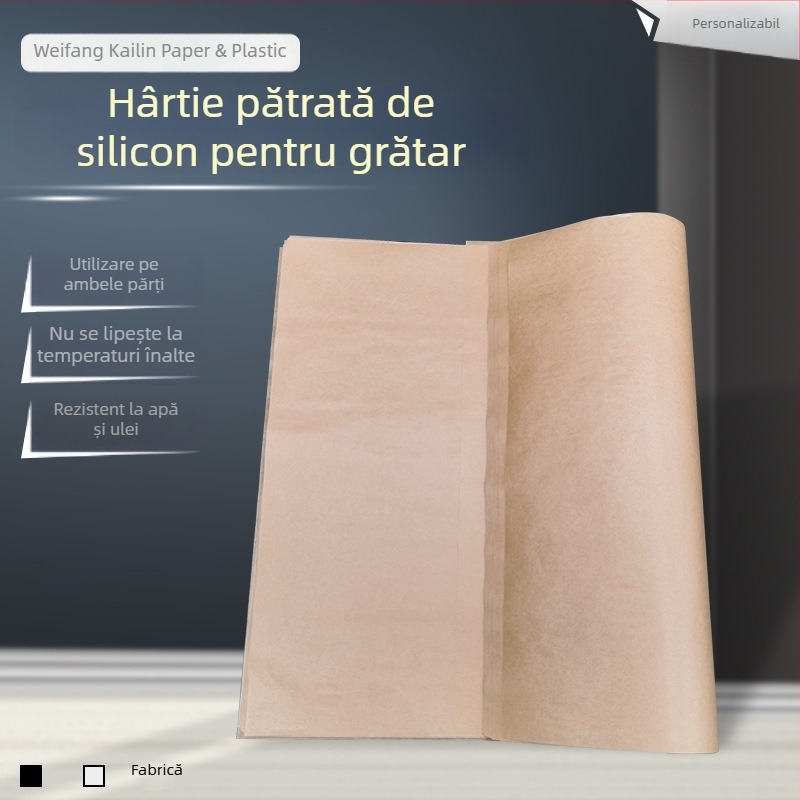 Hârtie de copt cu strat de silicon, pătrată, dublu anti-ulei, potrivită pentru coacere și înfășurarea peștelui sau a hârtiei de orez, de calitate alimentară.