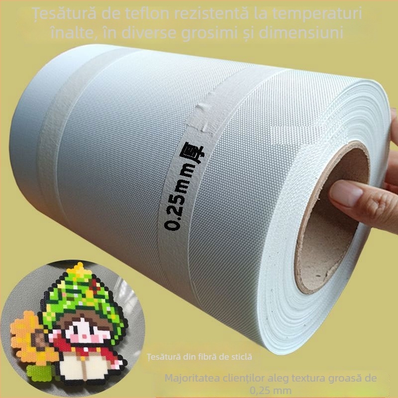 1 m lățime, grosime 0,25 mm, textură grosieră, pânză teflonată rezistentă la temperaturi înalte pentru coacere și călcare (fibră de sticlă)