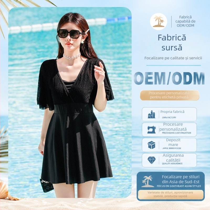 Costum de baie pentru femei, mărime plus, o piesă cu fustă, efect de subțiere a burții, design discret, cu pernuțe pentru bust, fără întăriri metalice