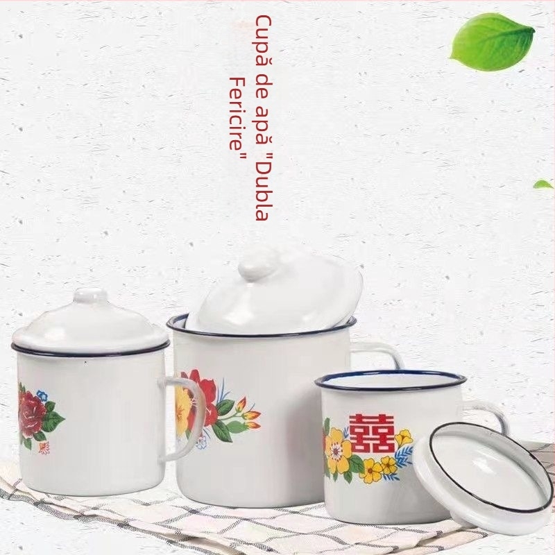 Ceașcă de email cu capac, motiv cu flori și design cu dublă fericire, ceșcuță de ceai, pentru birou
