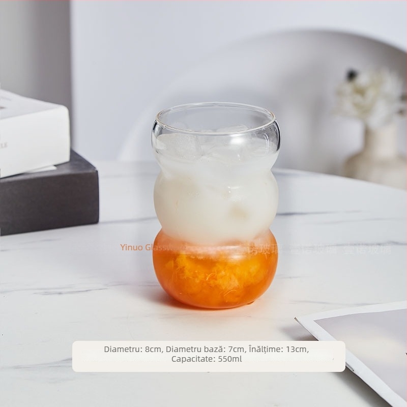 Ceașcă de cafea din sticlă borosilicată cu capac, fără mâner, rezistentă la căldură; pentru iced Americano, sucuri și apă cu gaz