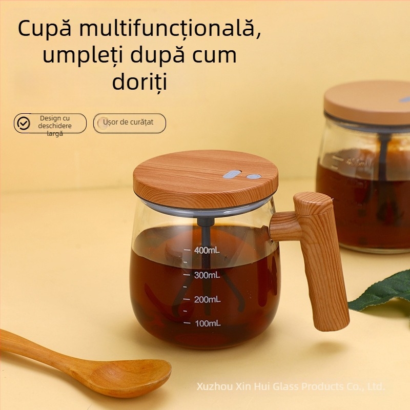 Cană de sticlă cu amestecare automată pentru pudră de lapte și cafea