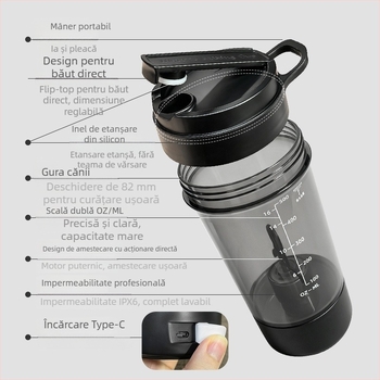 Recipient de amestecare complet automat, shaker electric portabil, reîncărcabil, 600 ml pentru pudră de proteine.