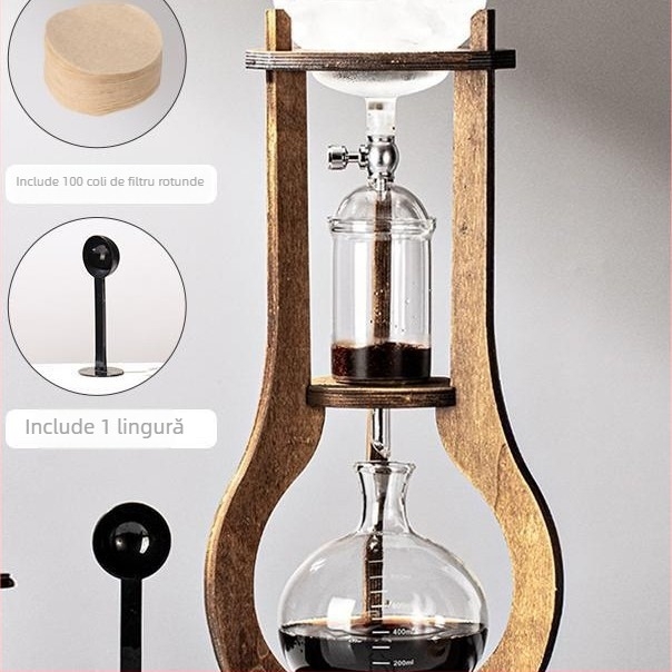 Set din lemn pentru cafea pour-over, cu oale ice-drip și cold-brew