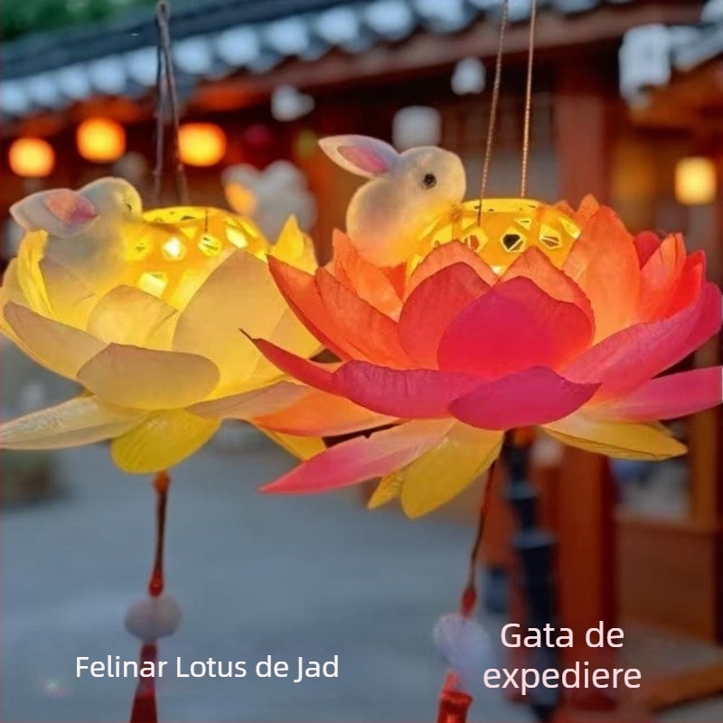 Felinar strălucitor de lotus cu iepuraș - portabil, împletit din bambus, stil chinezesc antic