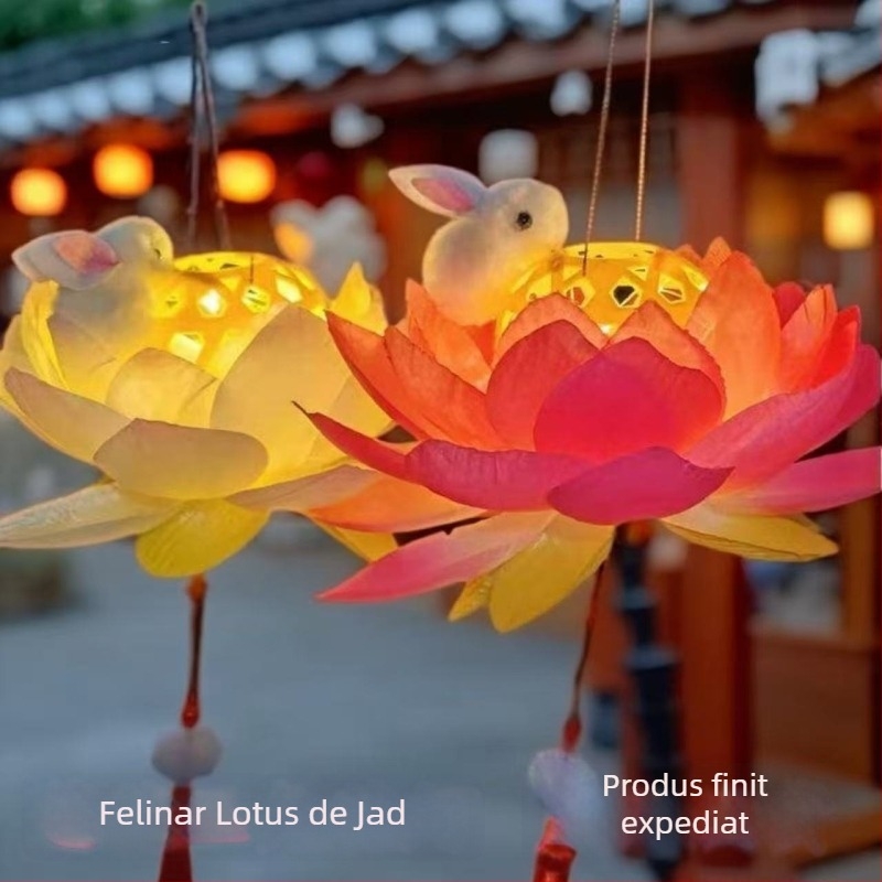 Felinar strălucitor de lotus cu iepuraș - portabil, împletit din bambus, stil chinezesc antic