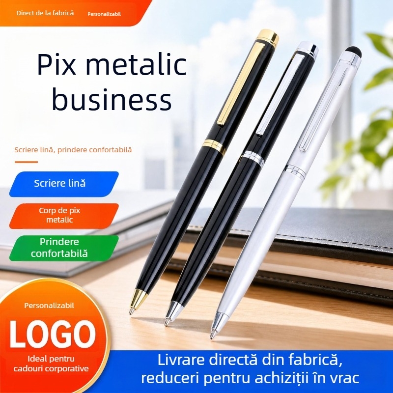 Pix metalic negru cu mecanism de răsucire, oțel inoxidabil, cerneală pe bază de ulei, pentru birou, publicitate și învățarea scrierii