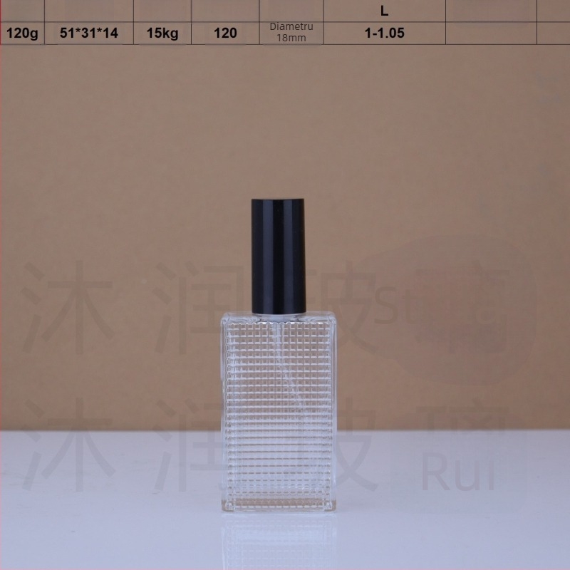 În stoc: flacon de parfum din sticlă cu filet de 18 mm, 50 ml și 80 ml, textură tip rețea, recipient transparent gol
