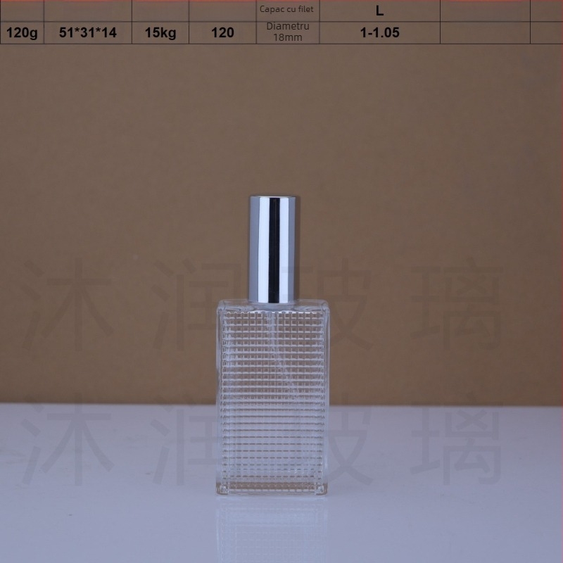 În stoc: flacon de parfum din sticlă cu filet de 18 mm, 50 ml și 80 ml, textură tip rețea, recipient transparent gol
