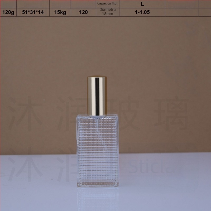 În stoc: flacon de parfum din sticlă cu filet de 18 mm, 50 ml și 80 ml, textură tip rețea, recipient transparent gol