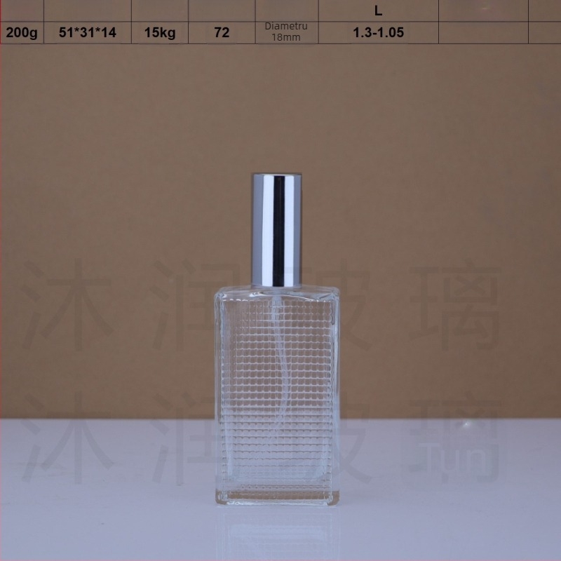În stoc: flacon de parfum din sticlă cu filet de 18 mm, 50 ml și 80 ml, textură tip rețea, recipient transparent gol