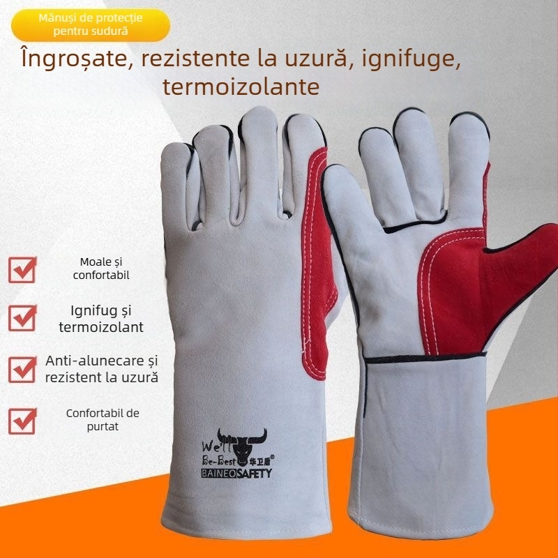 Mănuși groase de sudură din piele de vită, rezistente la uzură și la temperaturi înalte, protecție împotriva arsurilor pentru sudori