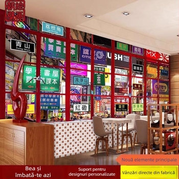 Tapet cu scenă de stradă din Hong Kong și fereastră falsă, pentru ceainării, cafenele și hoteluri – decor retro nostalgic