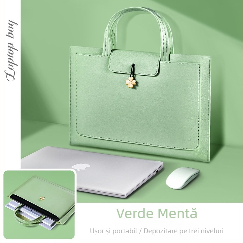 Geantă din piele personalizată pentru laptop de 14 inch, organizator de fișiere în trei niveluri, portabil