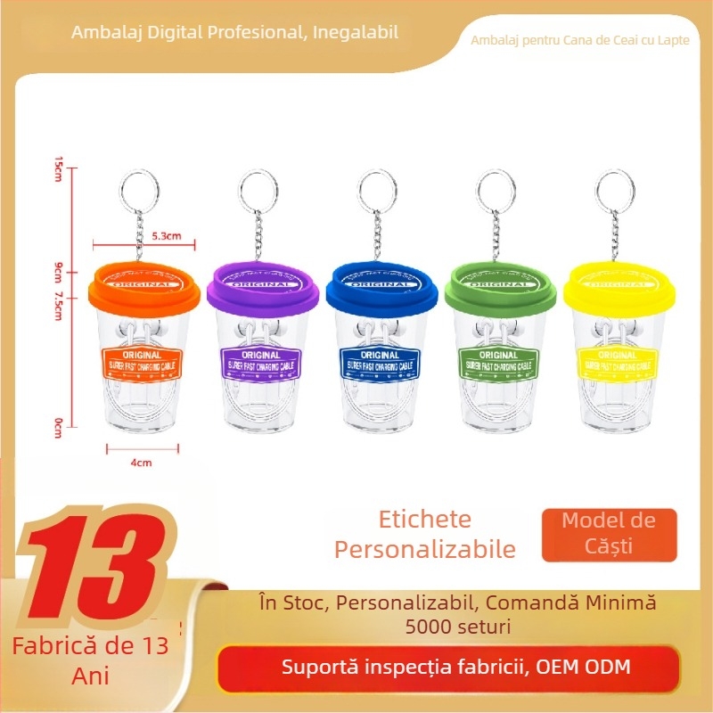 Cutie de cristal pentru ambalare electronice 3C: cablu de date, căști cu fir, cârlig pentru căști, ceașcă de ceai cu lapte, eprubă și încărcător cu trei pini