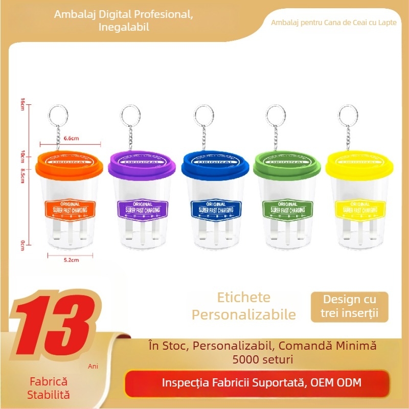 Cutie de cristal pentru ambalare electronice 3C: cablu de date, căști cu fir, cârlig pentru căști, ceașcă de ceai cu lapte, eprubă și încărcător cu trei pini