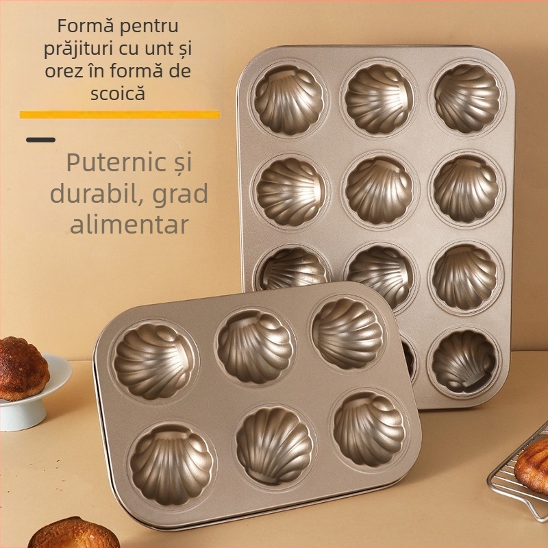 Formă de madeleines antiaderentă cu 12 cavități, formă de scoică, din oțel-carbon pentru prăjituri mici