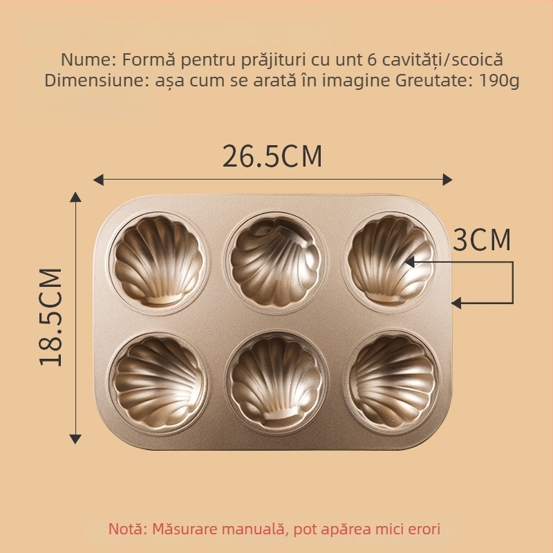 Formă de madeleines antiaderentă cu 12 cavități, formă de scoică, din oțel-carbon pentru prăjituri mici