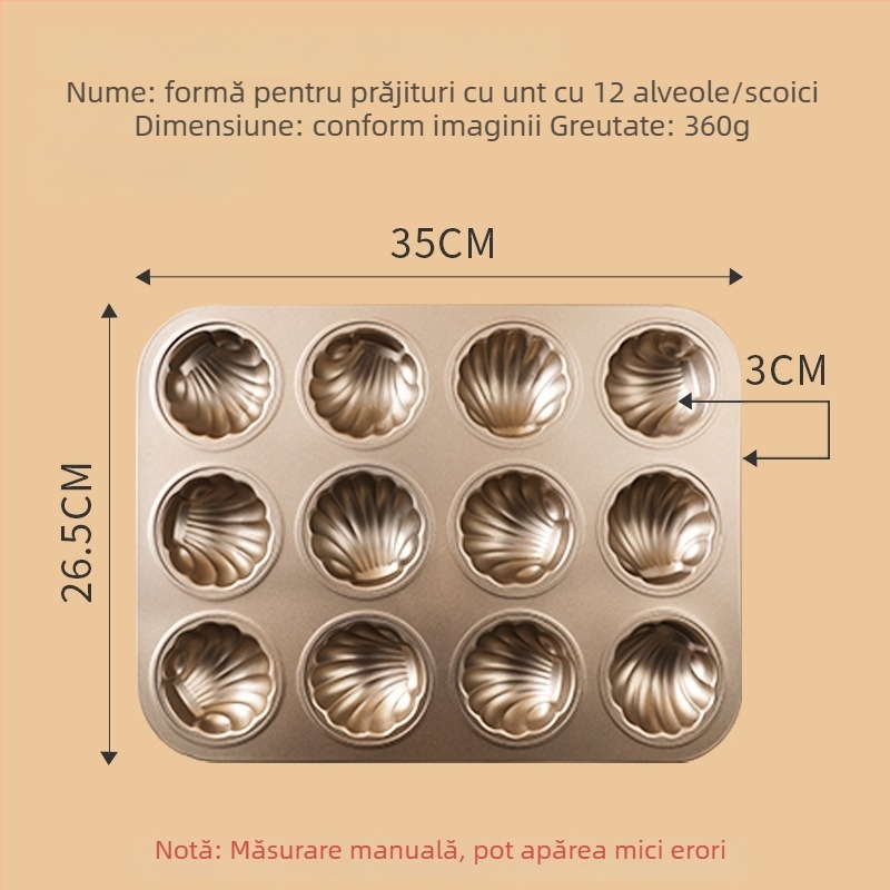 Formă de madeleines antiaderentă cu 12 cavități, formă de scoică, din oțel-carbon pentru prăjituri mici