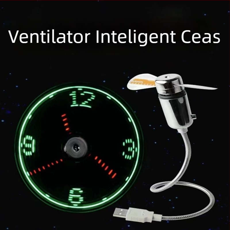Ventilator USB mini cu afișaj de timp intermitent, stil ceas, design creativ