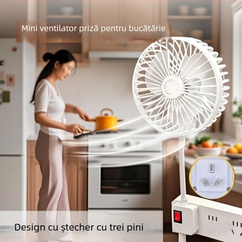 Ventilator mic de birou cu trei prize și capac de protecție, pentru bucătărie și baie.