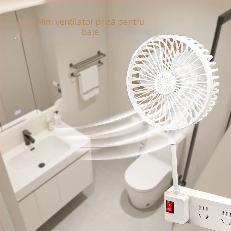 Ventilator mic de birou cu trei prize și capac de protecție, pentru bucătărie și baie.
