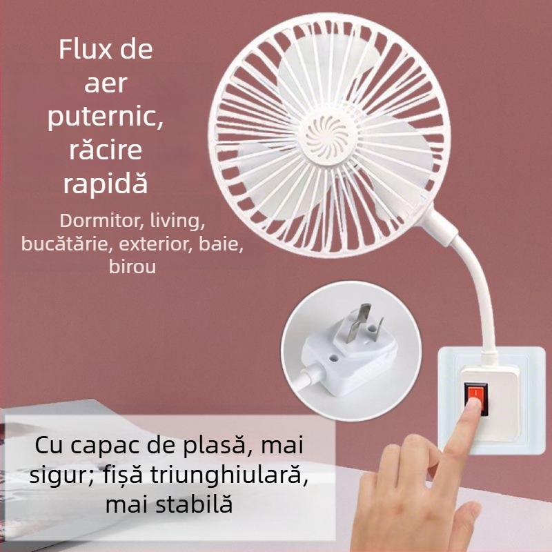 Ventilator mic de birou cu trei prize și capac de protecție, pentru bucătărie și baie.