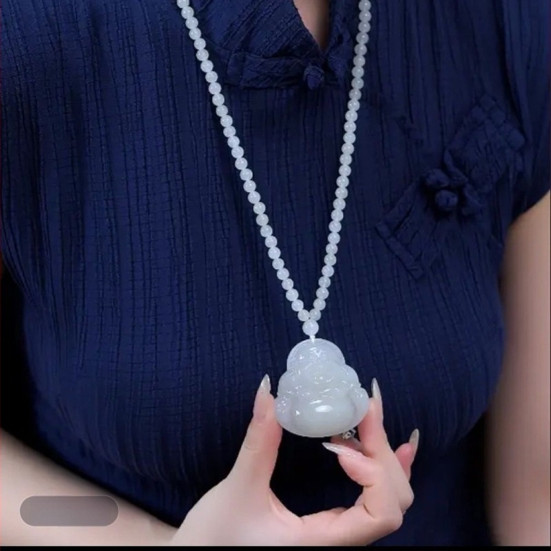 Pandantiv Buda al Banilor din Jad Hetian Alb, Unisex