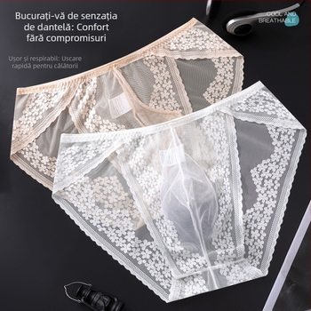 Chiloți bărbați cu dantelă în stil franțuzesc, respirabili, ușori, elastici, din Ice Silk, cu buzunar 3D