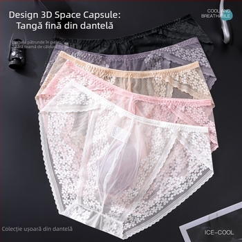 Chiloți bărbați cu dantelă în stil franțuzesc, respirabili, ușori, elastici, din Ice Silk, cu buzunar 3D