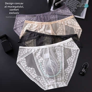 Chiloți bărbați cu dantelă în stil franțuzesc, respirabili, ușori, elastici, din Ice Silk, cu buzunar 3D