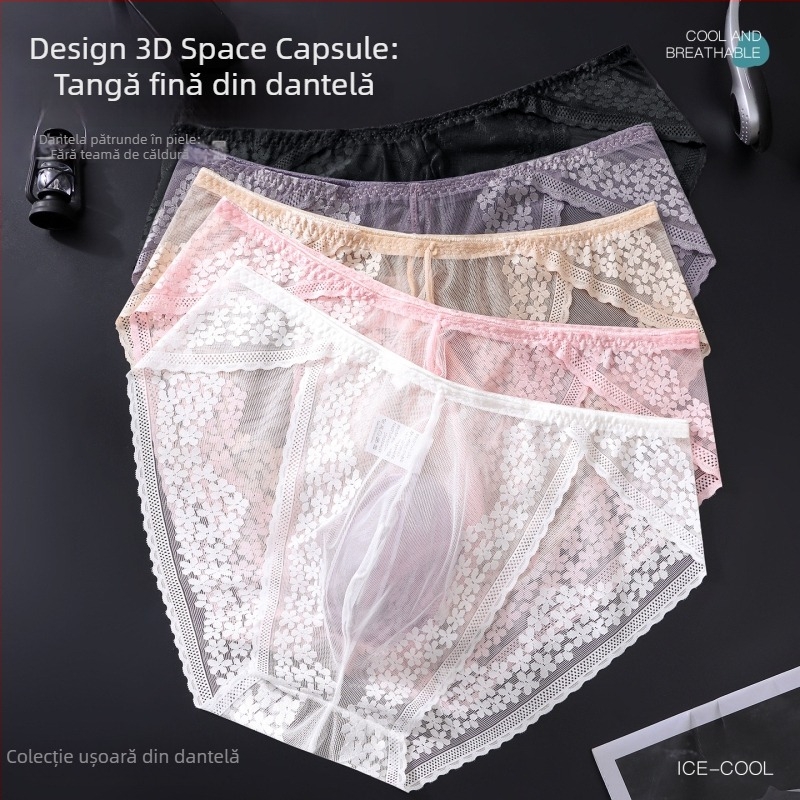 Chiloți bărbați cu dantelă în stil franțuzesc, respirabili, ușori, elastici, din Ice Silk, cu buzunar 3D