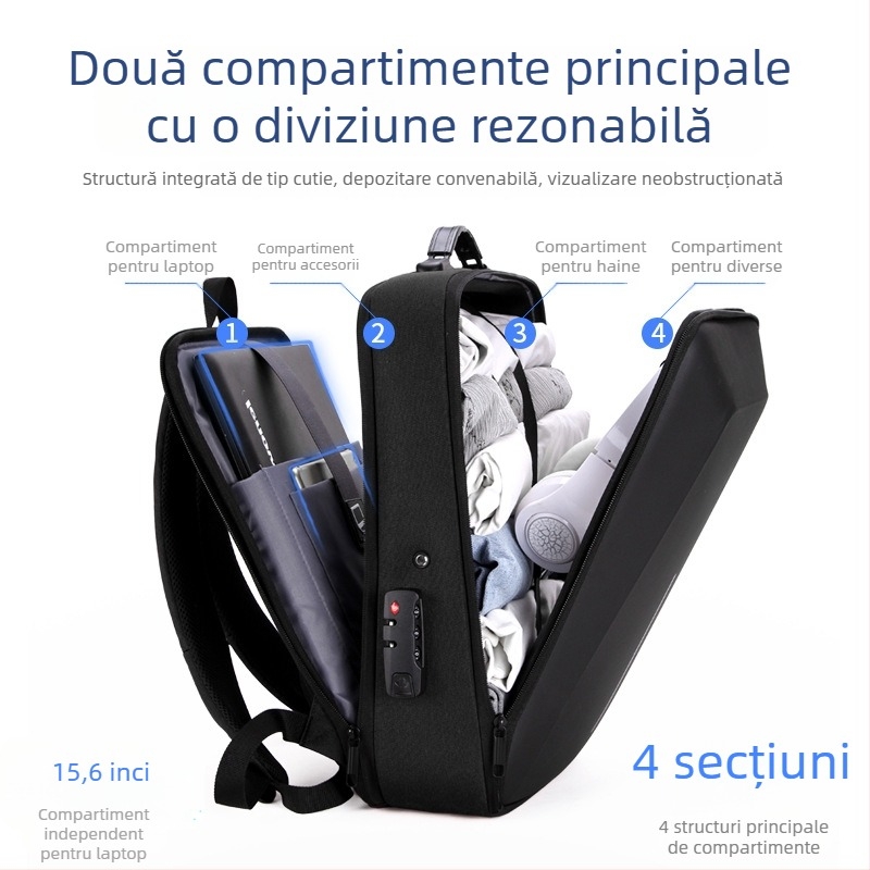 Rucsac pentru laptop de gaming de 15,6 inch, cu cadru din aliaj și carcasă rigidă, anti-furt
