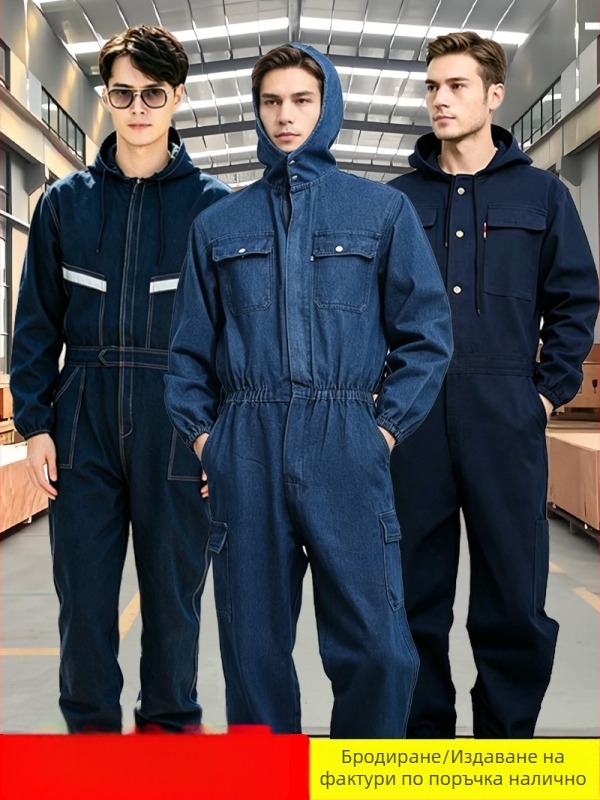 Combinezon denim cu glugă și benzi reflectorizante, pentru sudură, reparații auto și vopsire — rezistent la uzură și murdărie