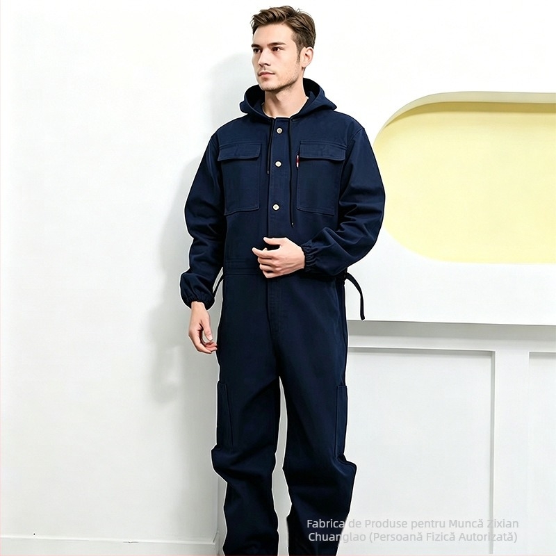 Combinezon denim cu glugă și benzi reflectorizante, pentru sudură, reparații auto și vopsire — rezistent la uzură și murdărie