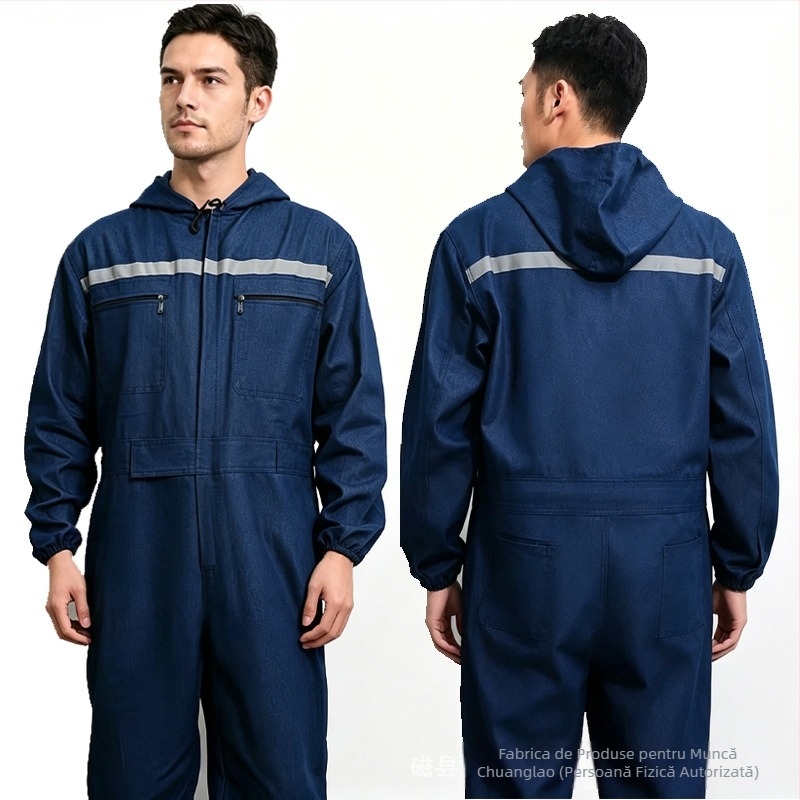 Combinezon denim cu glugă și benzi reflectorizante, pentru sudură, reparații auto și vopsire — rezistent la uzură și murdărie