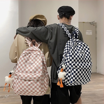 Rucsac cu model pătrat în carouri, inspirație Harajuku, unisex pentru elevi