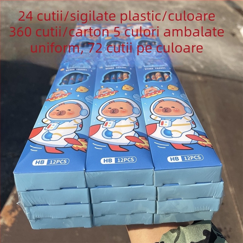 Creioane HB Capybara, pachet de 12, cu vârf de gumă albă