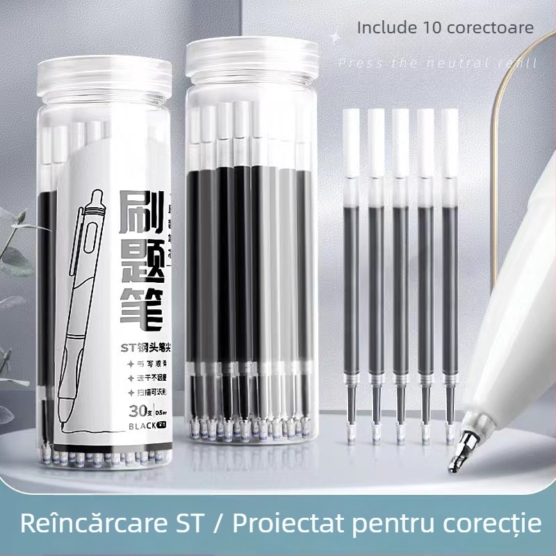 Refil de stilou 0,5 mm, negru, cerneală neutră, uscare rapidă, push-type, capacitate mare, vârf brush cu formă de dovleac