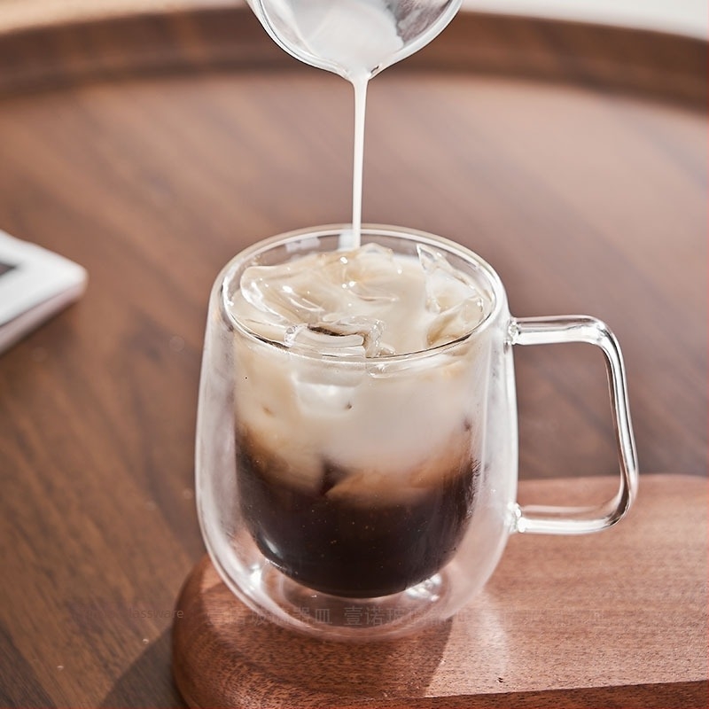 Ceașcă de cafea din sticlă cu pereți dubli, rezistentă la temperaturi, cu mâner