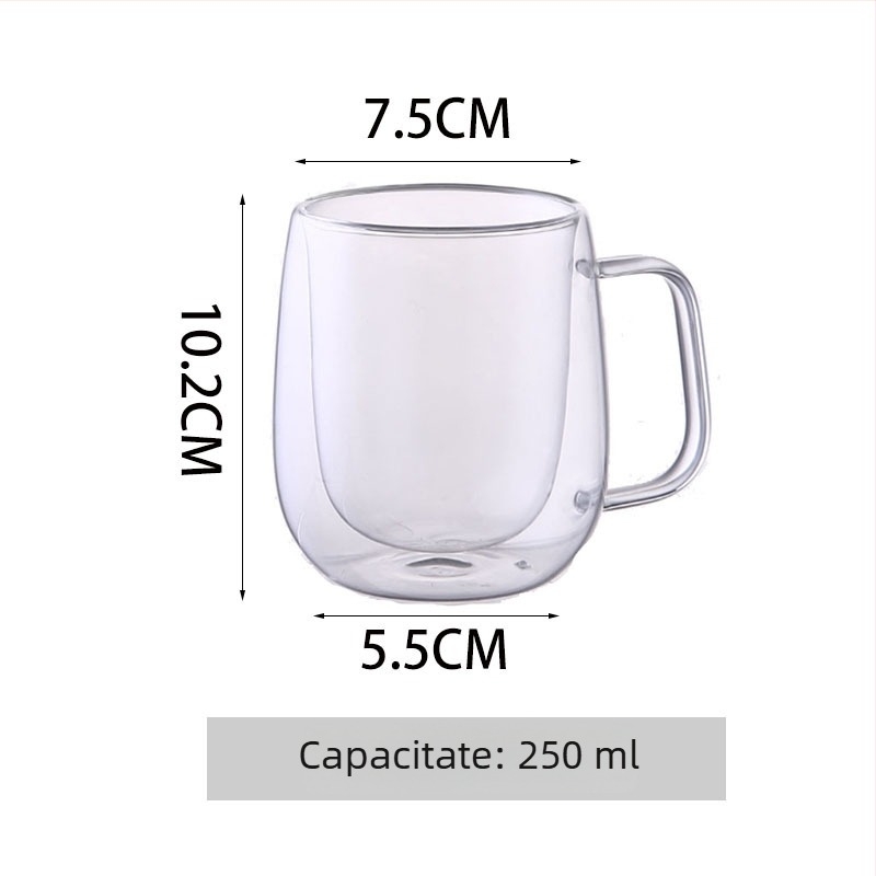 Ceașcă de cafea din sticlă cu pereți dubli, rezistentă la temperaturi, cu mâner