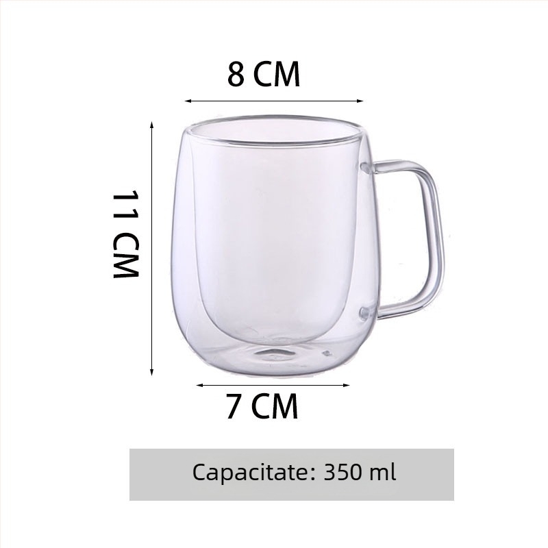 Ceașcă de cafea din sticlă cu pereți dubli, rezistentă la temperaturi, cu mâner